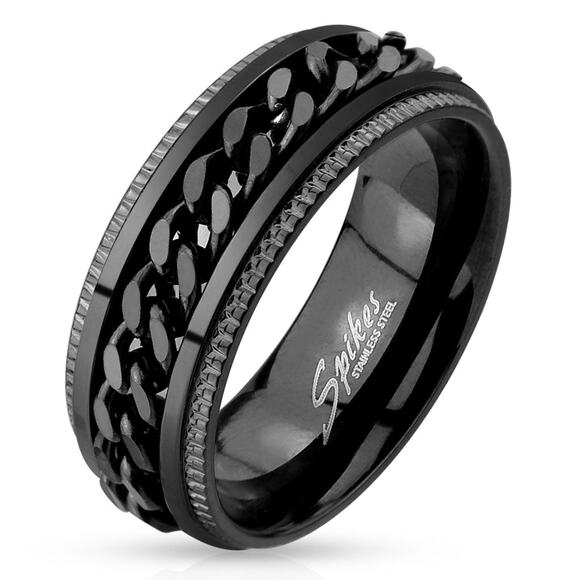 Black Grooved Edge Center Chain Stainless Steel Spinner Ring 8mm width size 14 - Picture 1 of 1